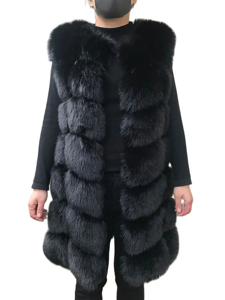HJQJLJLS 80 Cm Faux Fur Vest Winter Women Thick Warm Faux Fox Fur Sleeveless Coat Female Fluffy Artificial Fur Coat Jacket 261015