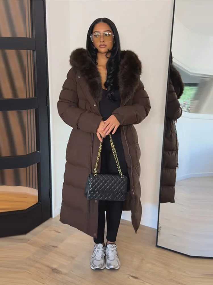 Women's Down Parkas Women Long Puffer Coat Faux Fur Hood Drawstring Waist Zip Up Button Thick Warm Maxi Padded Jacket 2026 Winter Chic Casual O
