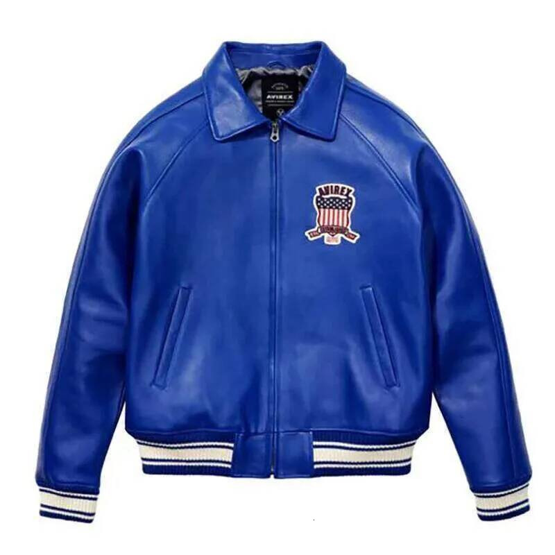 AVIREX Mens Genuine Leather Varsity Jacket Plus Size Thick European Lambskin with Embroidery High Quality Durable Outerwear ea0