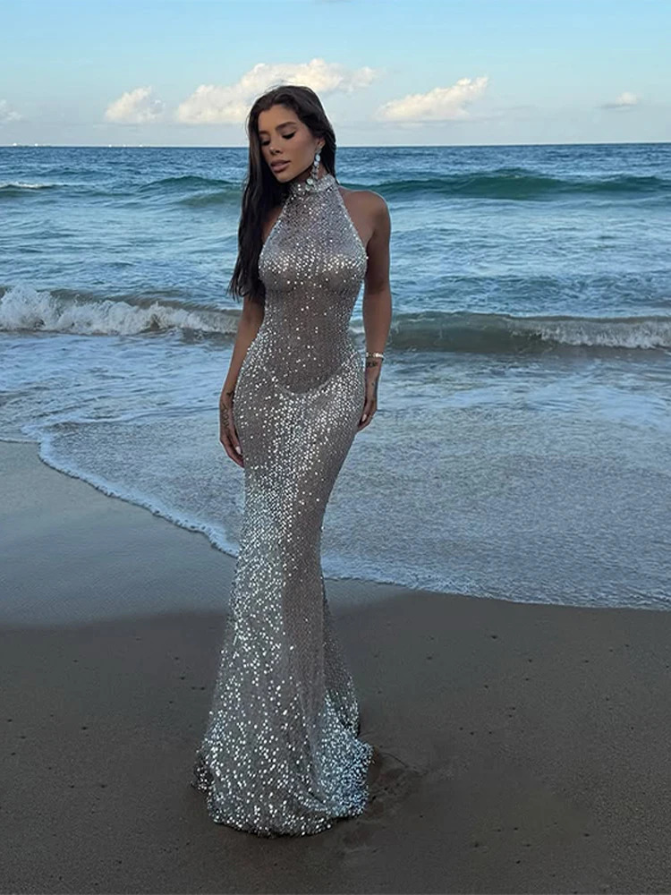 Summer Autumn Paillette Halter Long Dress Women Sexy Sleeveless Backless See Through Female Dresses Beach Holiday Lady Robe 261016