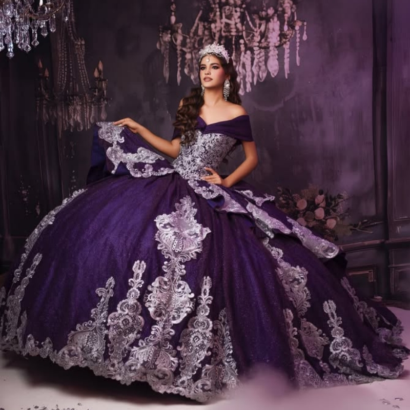 Purple Glitter Quinceanera Dresses Off Shoulder Ball Gown Sweet 16 Dress Applique Lace Beading Bow Tull Party Birthday vestidos 15 de anos