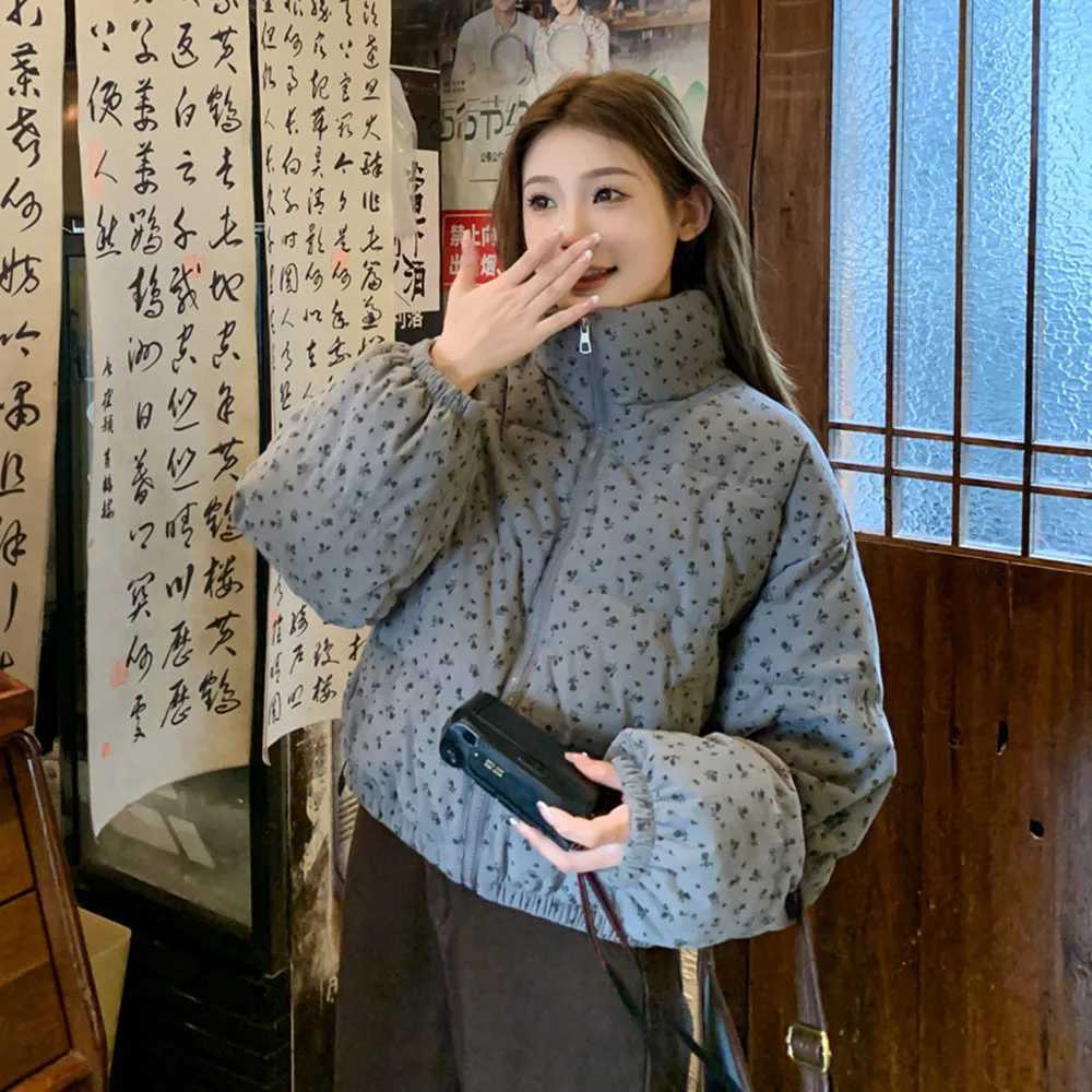Women's Down Parkas Sweet Fresh Floral Print Cotton Jacket For Women 2024 Vintage Design Women's Parkas Winter Loose Warm Stand Collar Bre