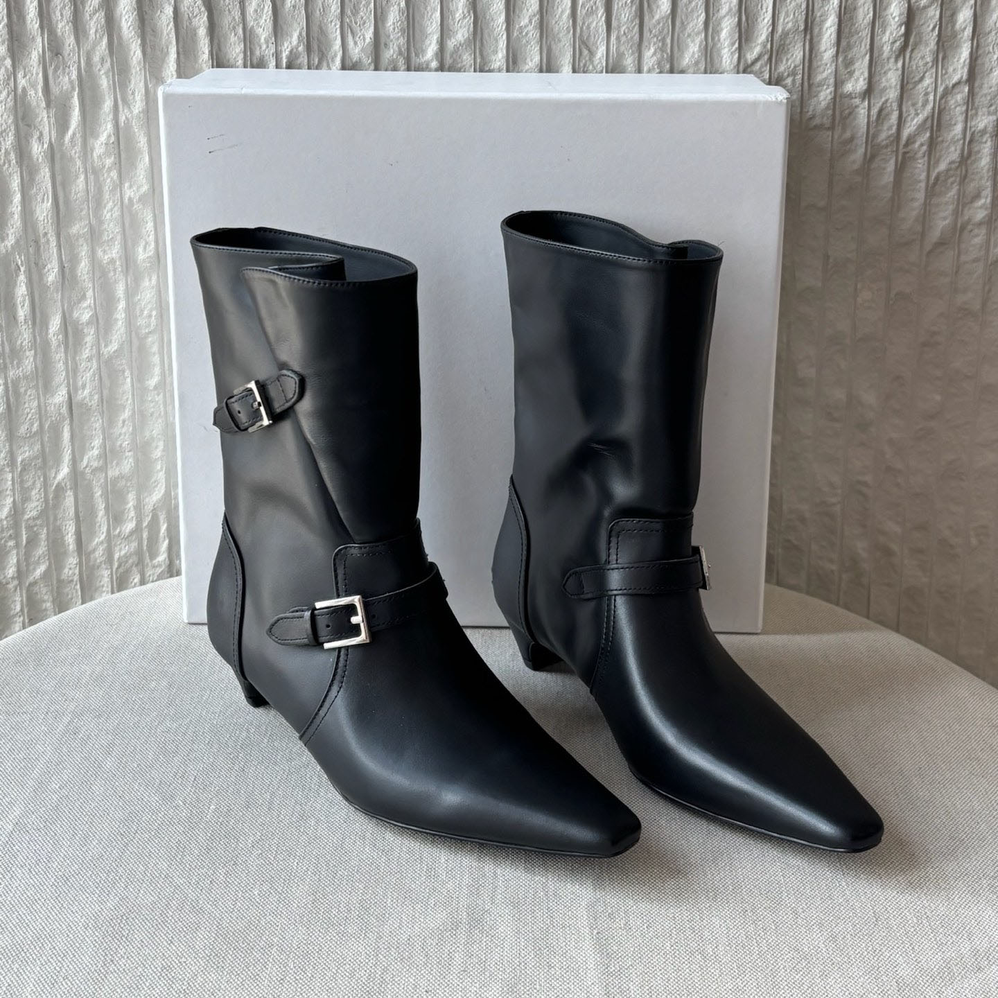 Women Pointed Toe Slouch Ankle Boots Cow Leather Triple Buckle Kitten Heel Short Boots For Autumn Winter Daily Street Outfit