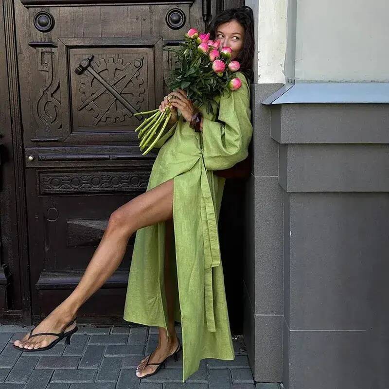 Urban Sexy Dress Tornova Casual Cotton Linen For Women Loose Robe Lapel Lace Up bodycon Maxi Dress Long Sleeve Autumn Vacation Outfits Women 918