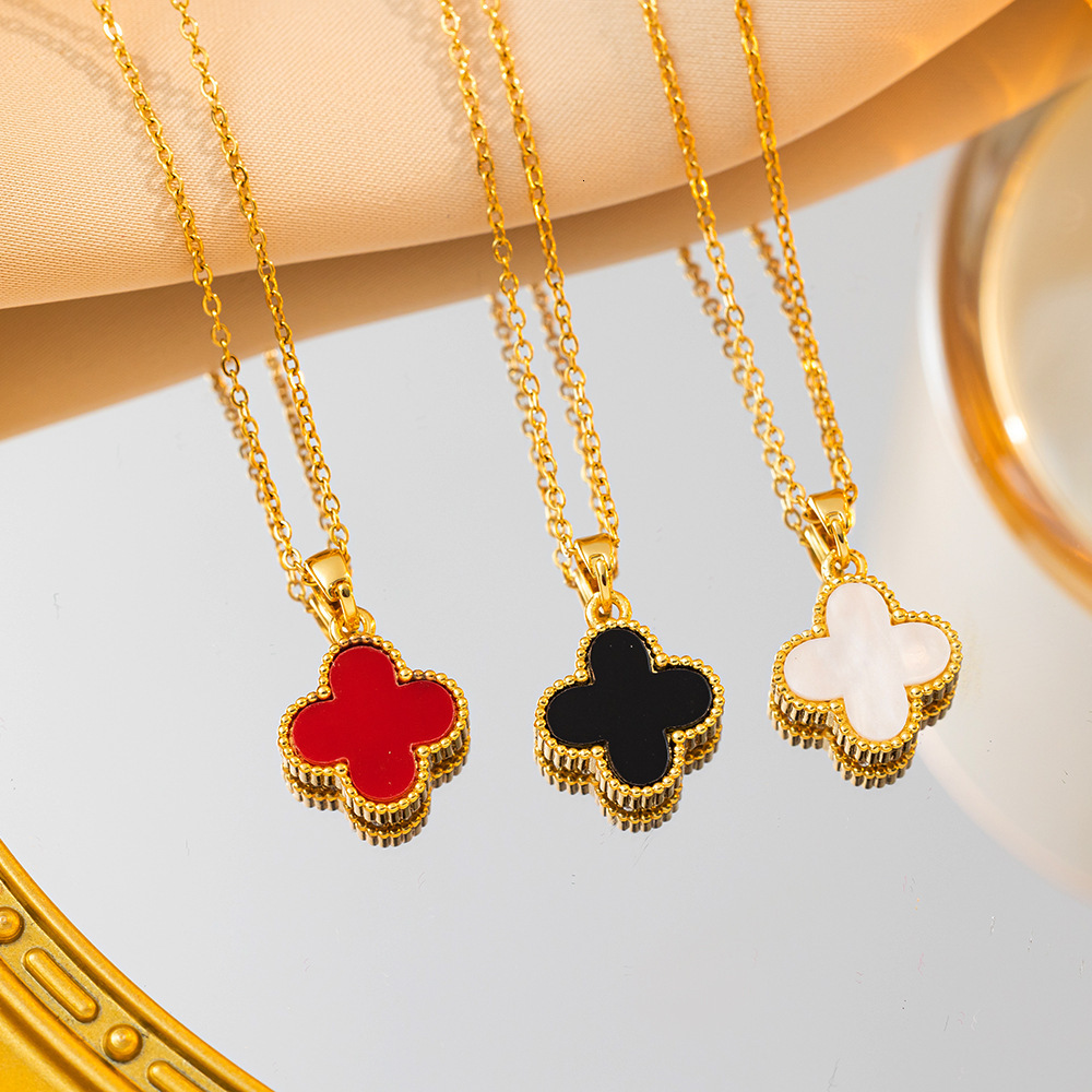 Full Diamond Double-Sided Four-Leaf Clover Titanium Steel Necklace For Women New High-End Elegant Light Luxury Clavicle Chain Trendy Internet Celebr