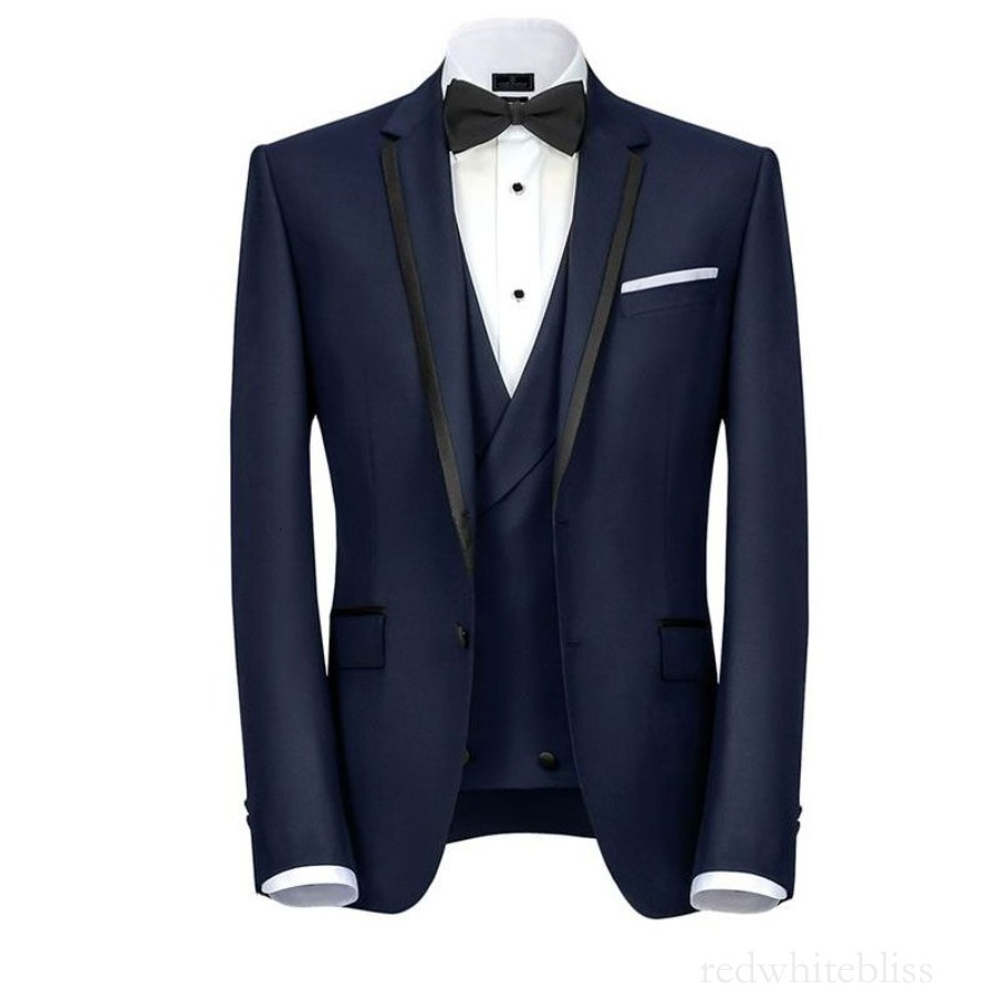 Blue Navy Designer Mens Suits One Button Groomsmen Wedding Tuxedos Notched Lapel Groom Suit With Jacket Vest And Pants Cheap Prom Blazers BS0082
