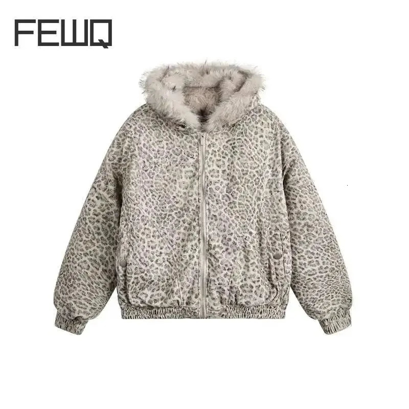 FEWQ Niche Men's Fleece Jackets Hooded Leopard Print Fur Thick Padded Coats Thermal Contrast Color Male Clothing CPG2405 261015