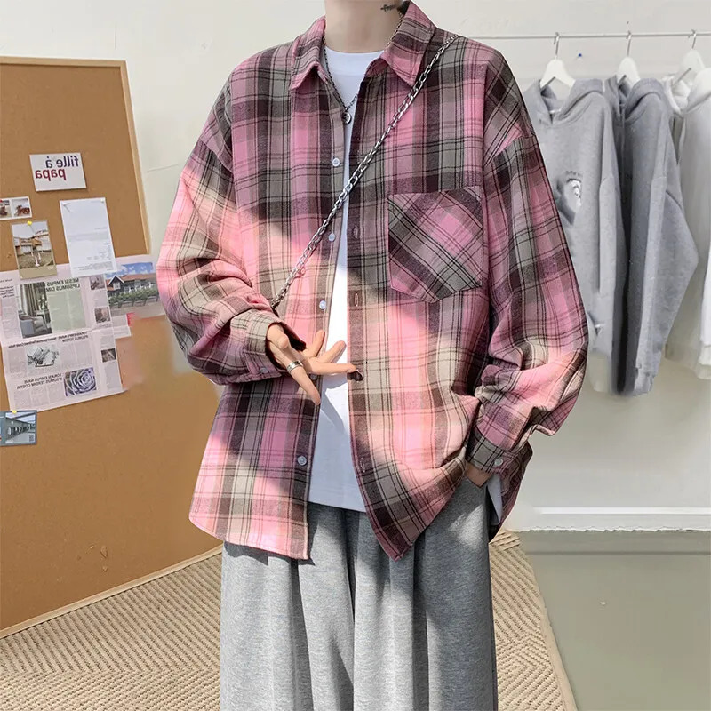 Harajuku Long Sleeve Plaid Shirts Men Big Size M-5XL Autumn Chic Loose Vintage High Street All-match Gentleman Camisa 261015