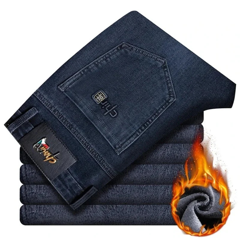 Winter Classic Business Mens Fleece Warm Jeans Straight Stretch Casual Thicken Denim Trousers Washed Fashion Velvet Male Pants 261016