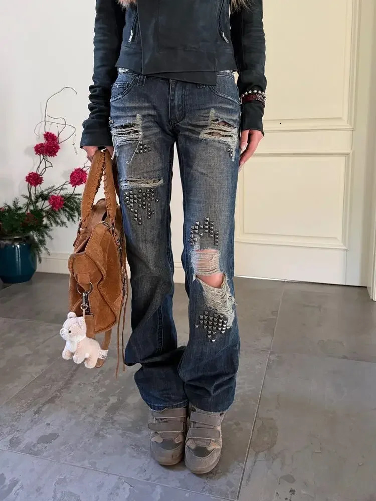 Retro Dark Washed Bootcut Jeans for Women Frayed Ripped Holes Silver Stud Embellished Punk Streetwear Denim Pants 261016