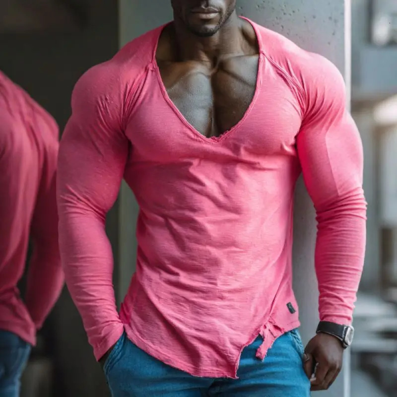 Mens Long Sleeve Vneck Fitness Tshirt Fashion Basic Training Wear Daily Leisure Clothes Outdoor Sports Gym Workout 261016