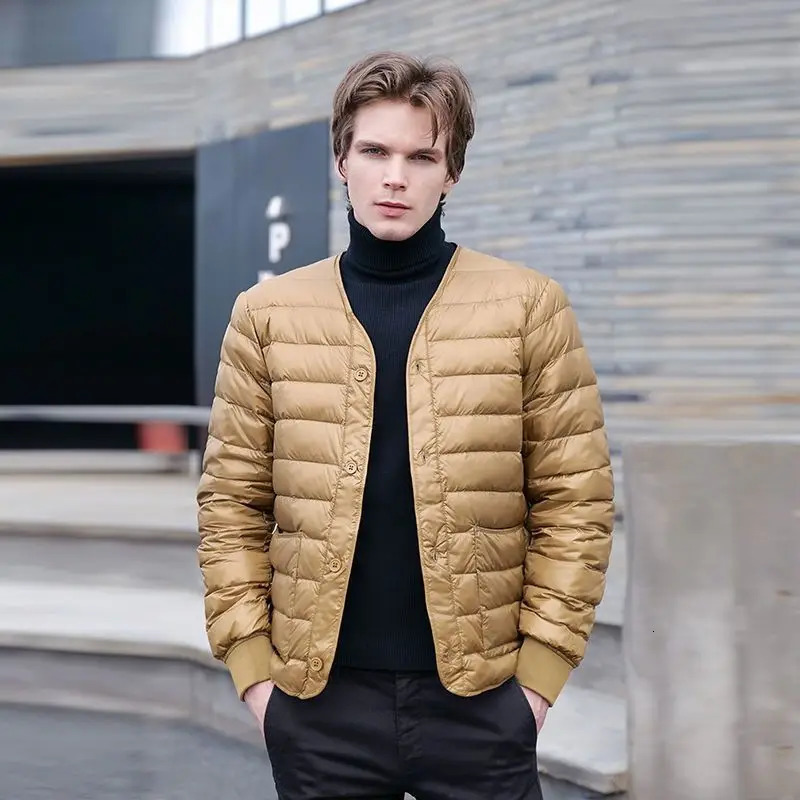 Men's Short Slim White Duck Down Jackets Winter Lightweight Portable V-neck White Duck Down Inner Liner Outerwear JK-051 261016