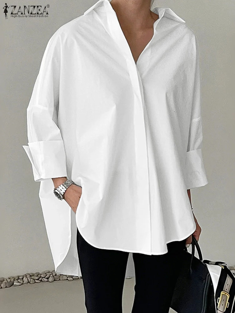 Oversized Woman White Shirts Turn-Down Collar Long Sleeve Button Up High-Low Solid Color Blouse 2026 Autumn Streetwear 261015
