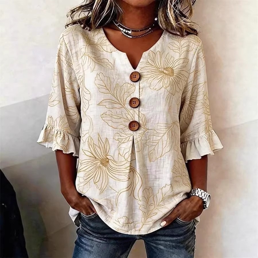 2026 Foreign Trade Lace Sleeve Shirt, Short Sleeve, High-End Loose Versatile Women's Casual Shirt Free Shipping