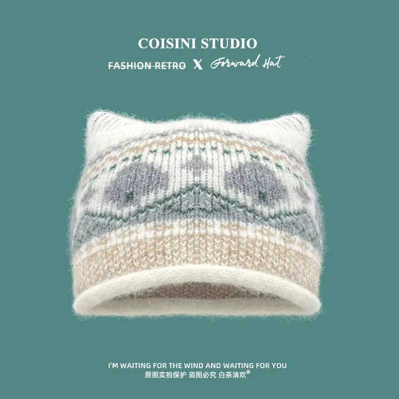 Beanie/Skull Caps Women Cute Cat Ear Knit Beanie Hat Fair Isle Jacquard Fuzzy Plush Soft Warm Winter Soft Knitted Kawaii Casual Skull CapsT261017