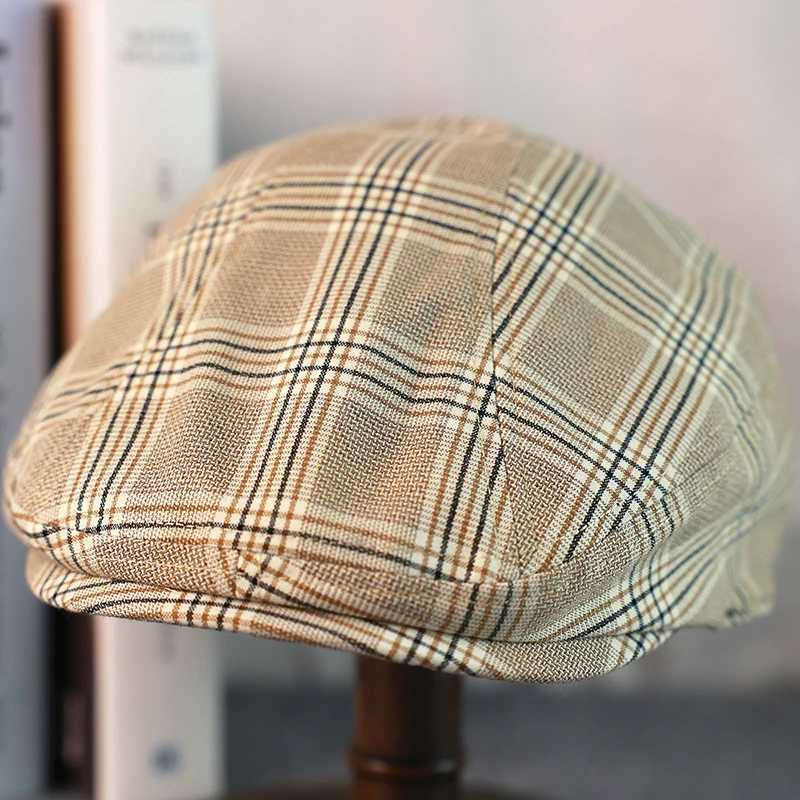 Newsboy Linen Spring Summer Cap New Beige Plaid Breathable Beret Men's Women's Literary Retro Hat England Hats Male Hats A-36 M261016