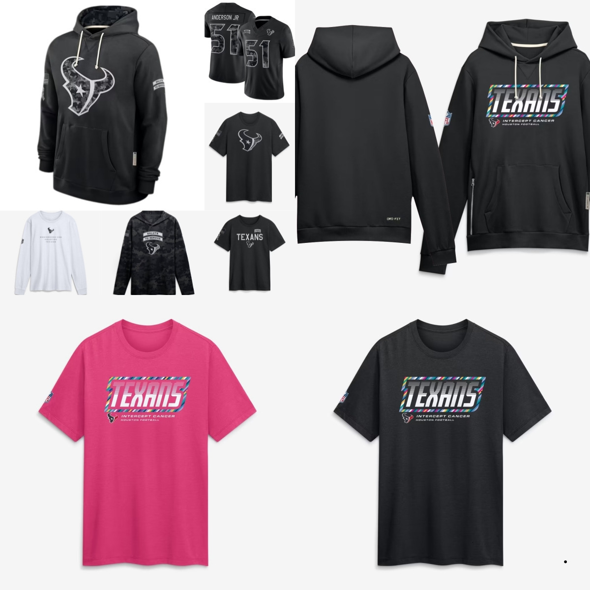 Texans 2026 Men Crucial Catch Sideline Standard Issue Pullover Hoodie T-shirt Jerseys Women Youth Black Pink Jacket