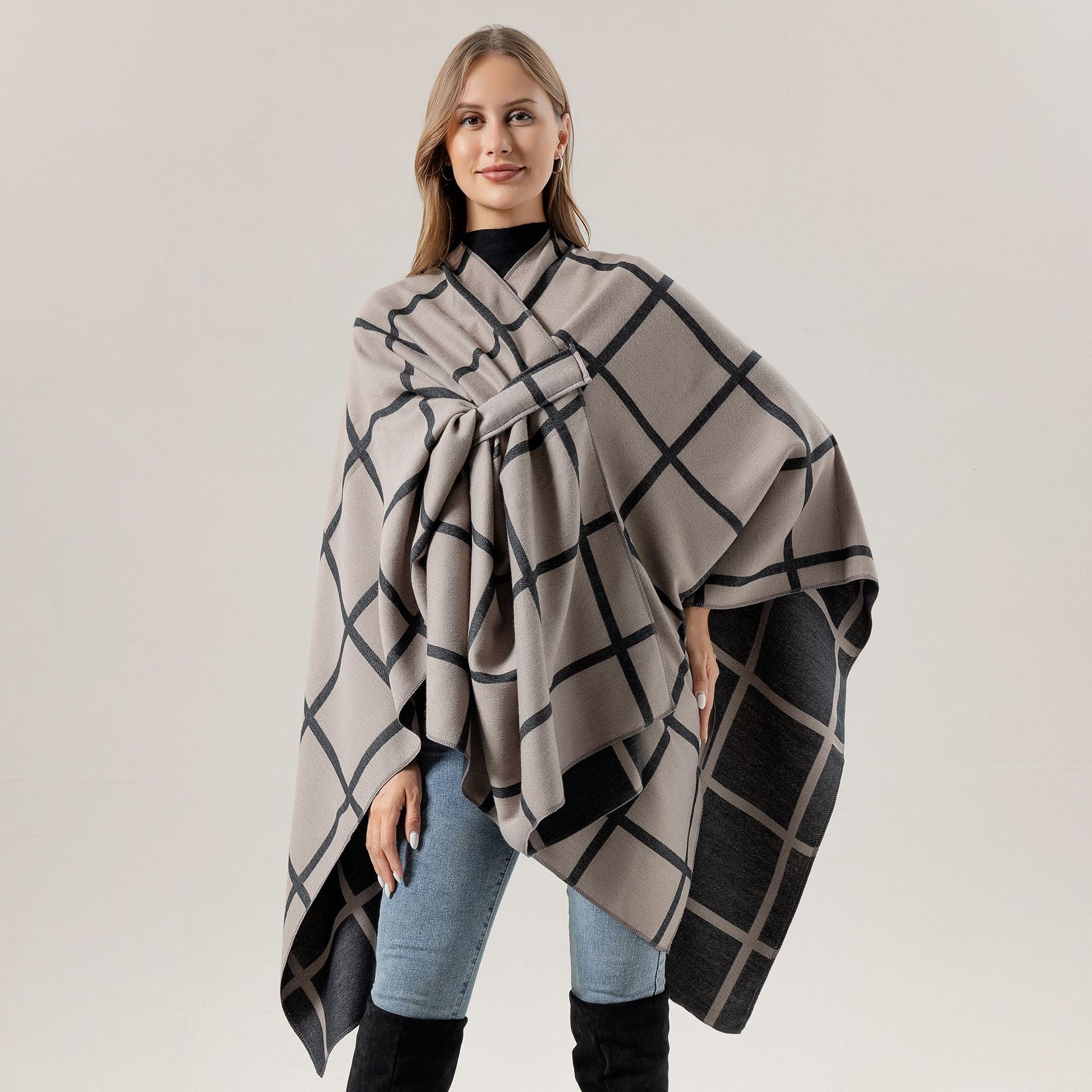 'S Best-Selling Side-Tie Shawl, European American Foreign Plaid Split Cape, Autumn And Winter Warm Scarf For Trade Laotie