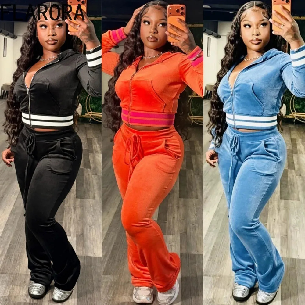 FLARORA Fashion Velvet 2 Piece Sets Woman Stripe Color Blocking Hooded Zip Crop JacketsDrawstring Flare Pants Street Tracksuits 261016