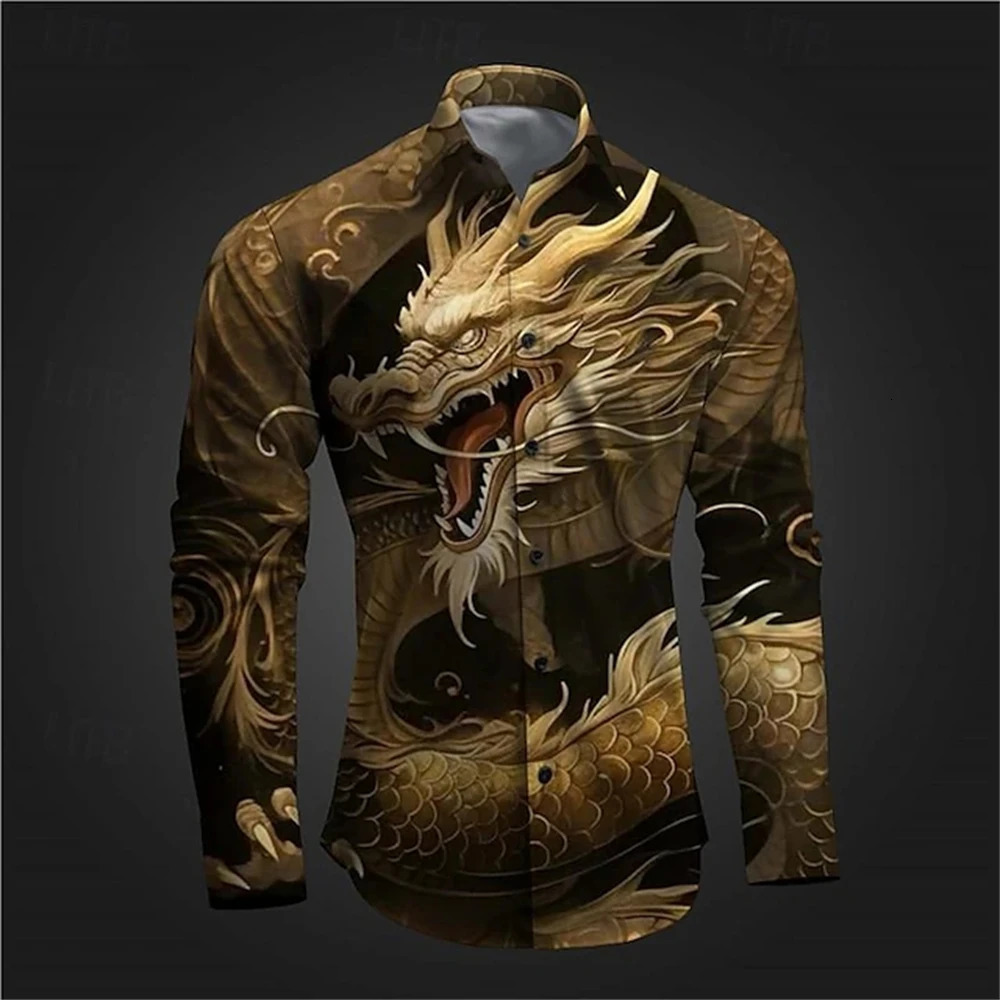 Fashion Golden Dragon patterns 3D Print Mens Long Sleeve Shirt Autumn Button Down Casual Animal Shirt Lapel Mens Clothing Tops 261015