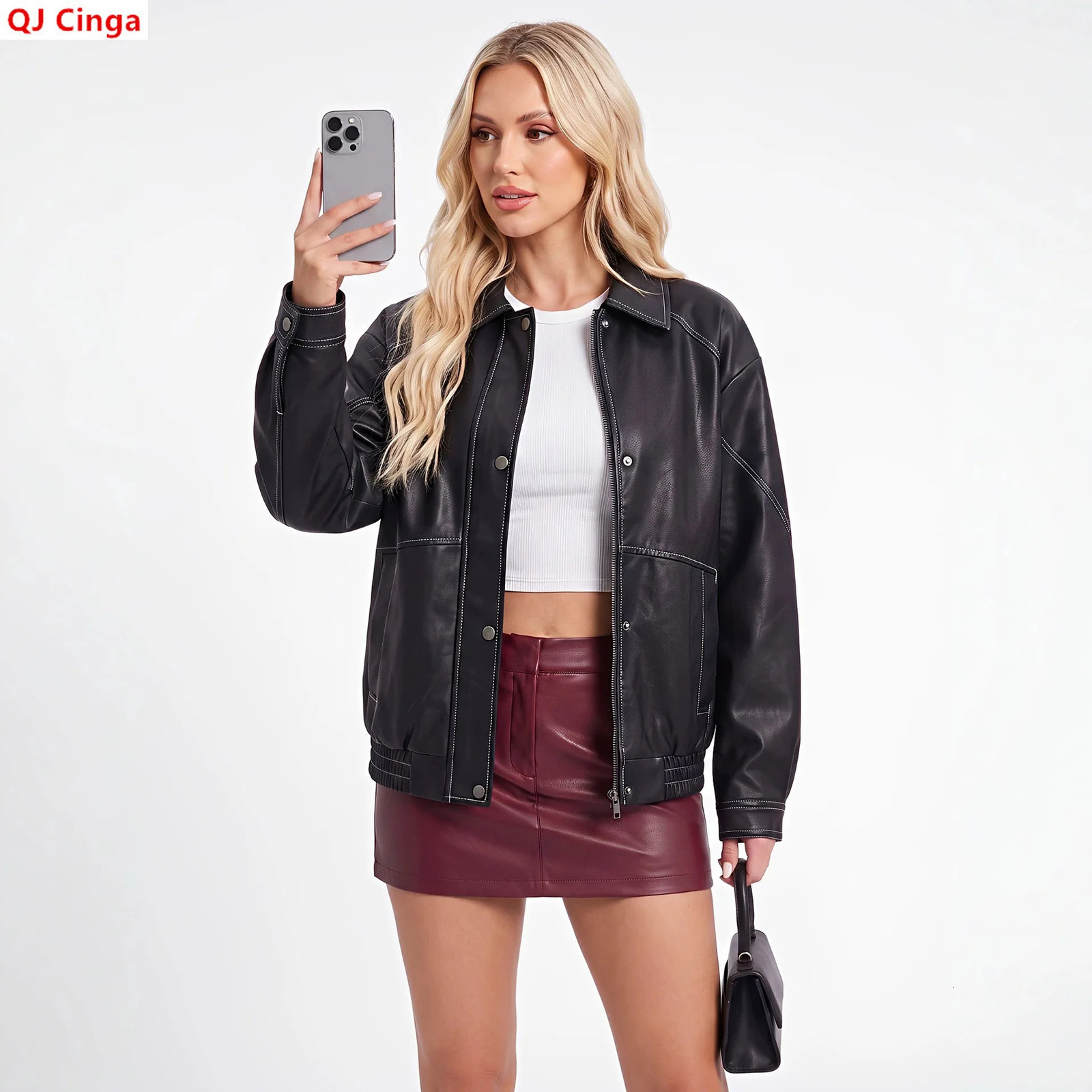 Women's Black Faux Leather Jacket for Fall Brown Biker Coat for Spring and Stylish Casual PU Tops. 261016
