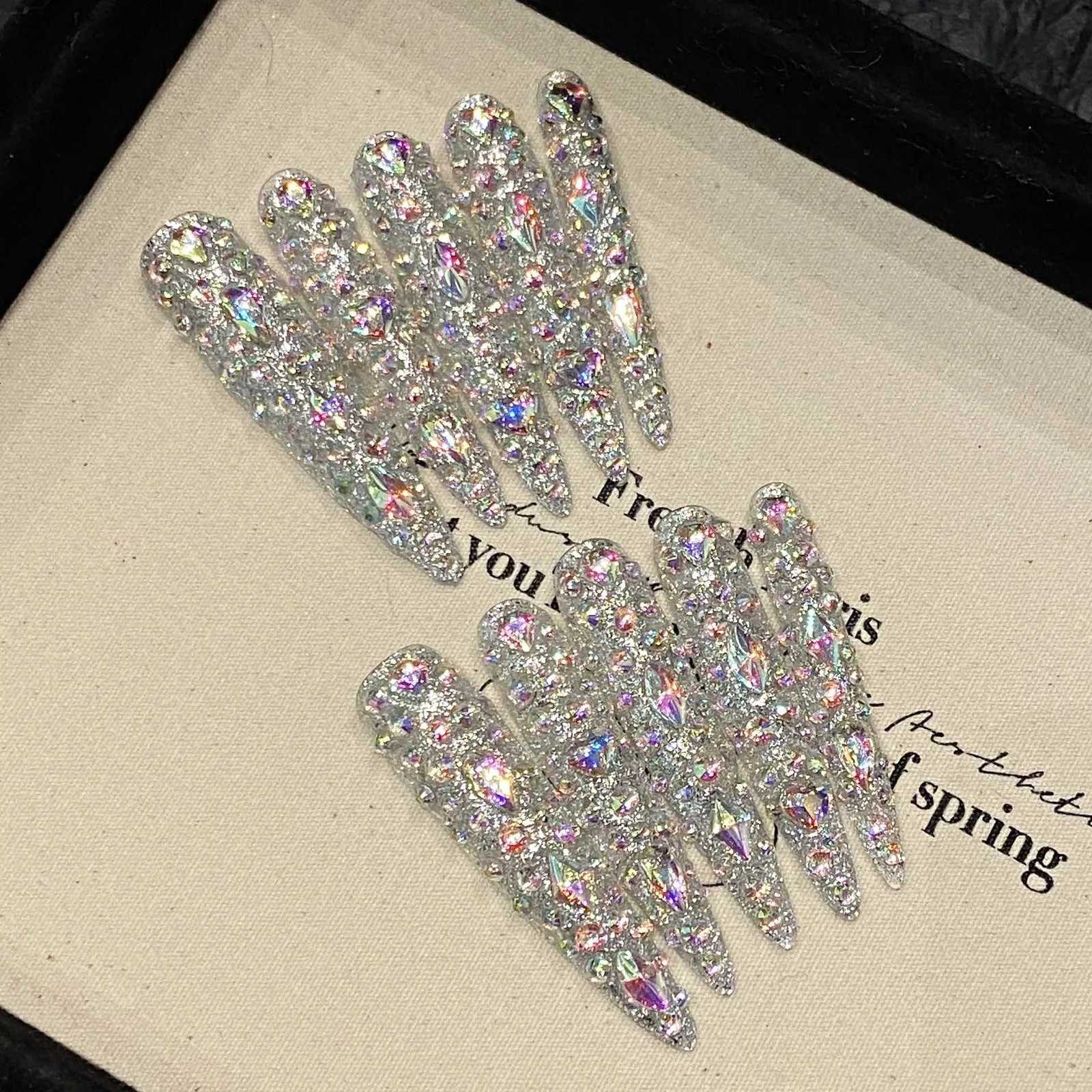 False Nails 10pcs Super Long Stiletto False Nail Tips Light Luxury Handmade Full Flash Diamond Press On Nails European Wearable Fake Nails Q261017