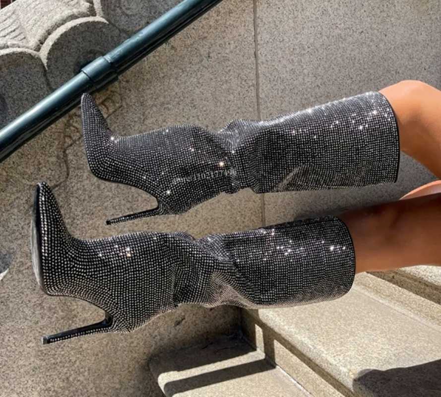 Shiny Crystal Knee High Modern Boots Sexy Pointed Toe Thin Heel Size 35-44 New Arrivals Fashion Women Modern Boots Q261015