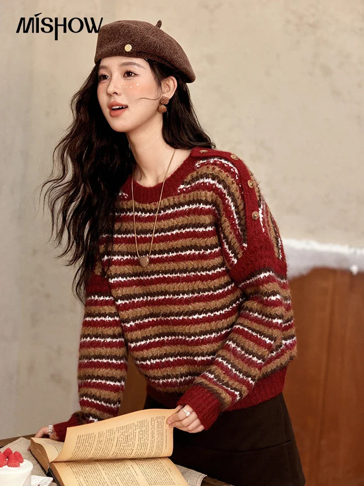 MISHOW Christmas Retro Striped Wool Blend Sweater Women Button Decoration Women Clothing Thick O-Neck Knitted Tops MXD59Z1060 261014