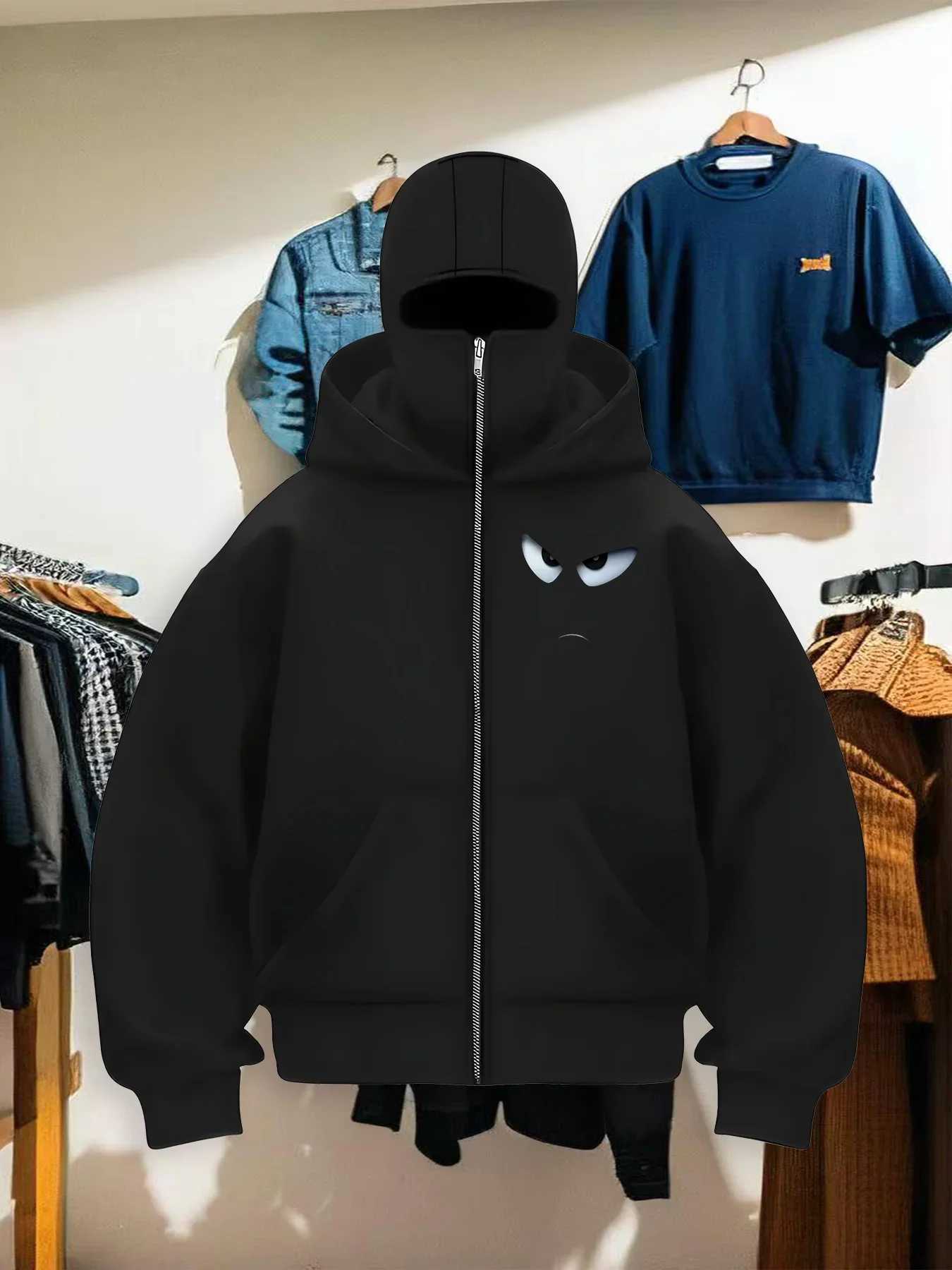 2026 Autumn/Winter Men's Gothic Style Autumn and Winter New Double Hat Hoodie Eye Printed Zipper Sportswear Warm S261017XFAH