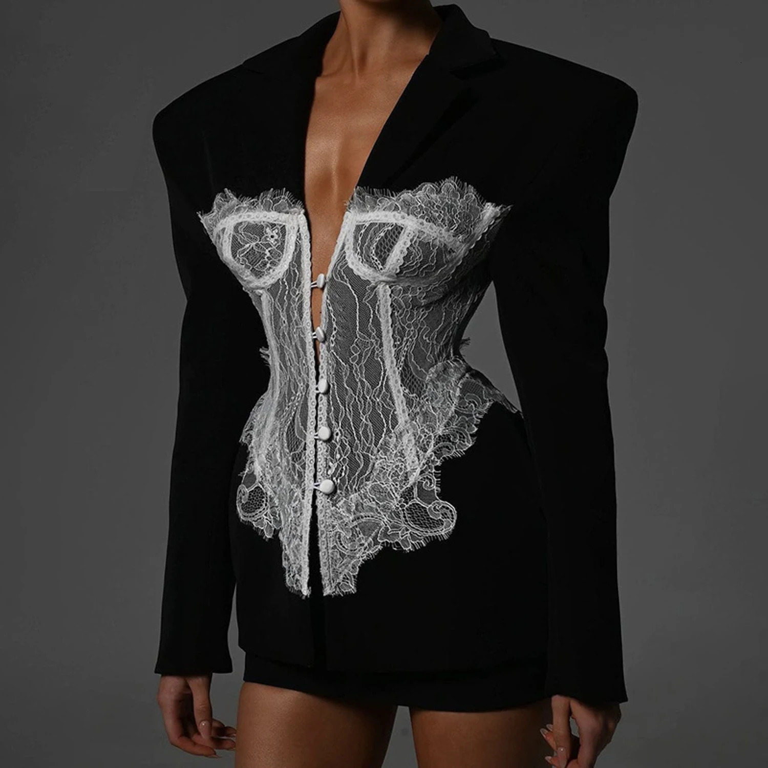 Lace Fashion Women's Blazer Herringbone Top V-Neck Slim Long Sleeve Sexy Cardigan Street Style Women's Clothing Black Solid Lace 261016