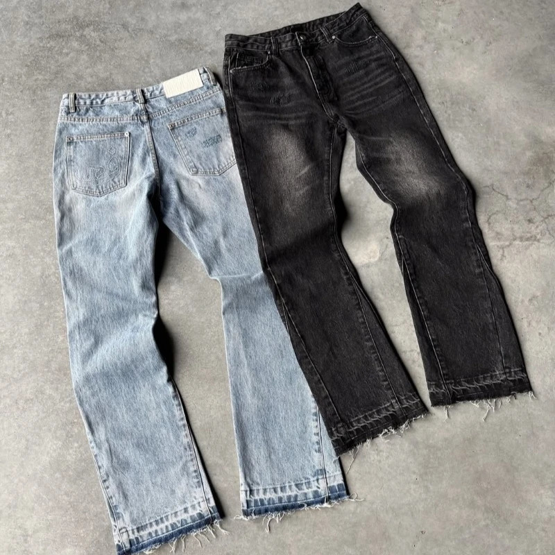 Y2K Vintage Slim Fit Jeans Trendy Washed Men Women Harajuku Hip Hop Straight Leg Pants Gothic Fringed Casual Micro Flared 261016
