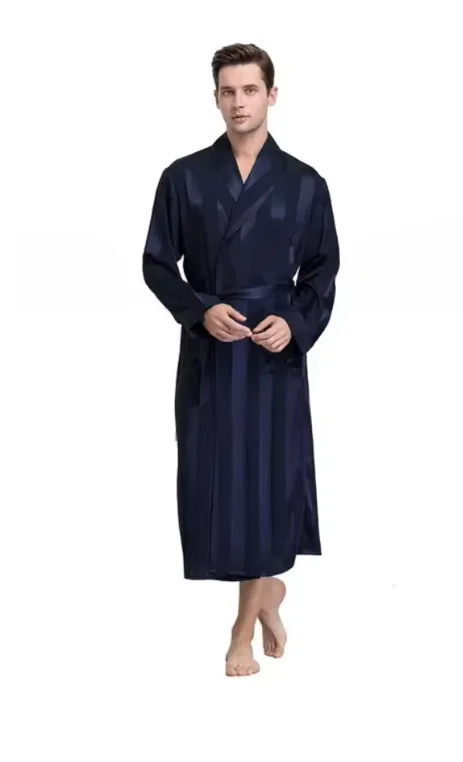Plus Size 3XL 4XL 5XL Men Robe Sleepwear Navy Blue Stripe Kimono Bathrobe Gown with Pocket Summer Satin Home Clothes Lounge Wear 261017