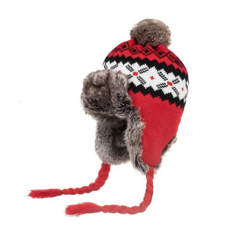 Trapper Hats Red Winter Warm Knitted Women Hat Woolen Trapper Bomber Hats For Men Outdoor Windproof Russian Earflap Cap With Fur PompomT261017
