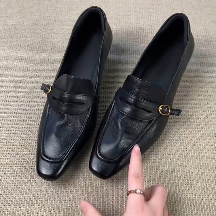 Instant delivery: French retro genuine leather versatile black women's slip-on square-toed simple chunky heel loafers ddmykukumalu