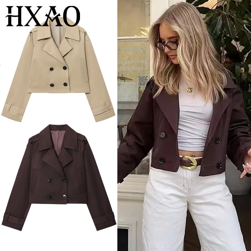 HXAO Women's Windbreaker Autumn Chocolate Brown Cropped Trench Coat Oversized Long Sleeve Coats Double-Breasted Jacket Outerwear 261015