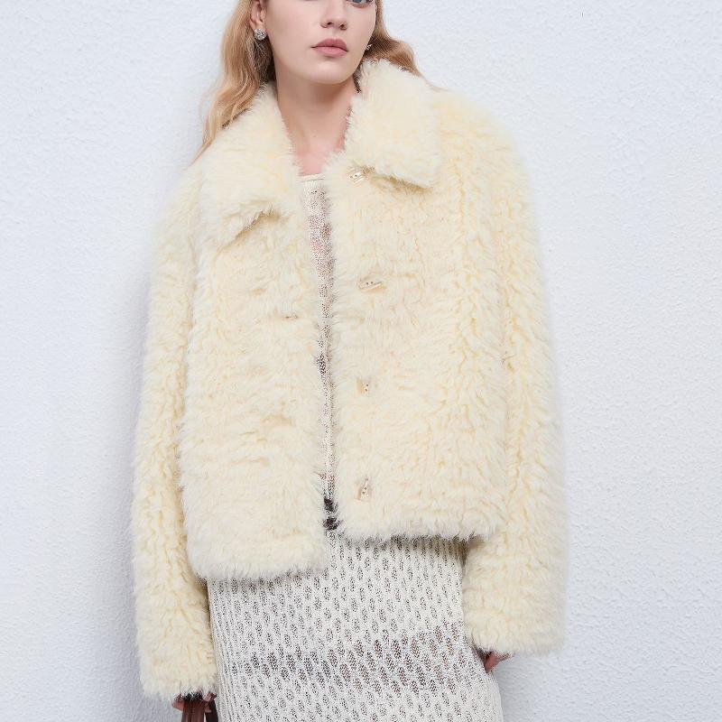 Veste en fausse fourrure pour femme, manteau d'hiver épais et chaud à revers court, Beige, vêtements d'extérieur décontractés, mode automne