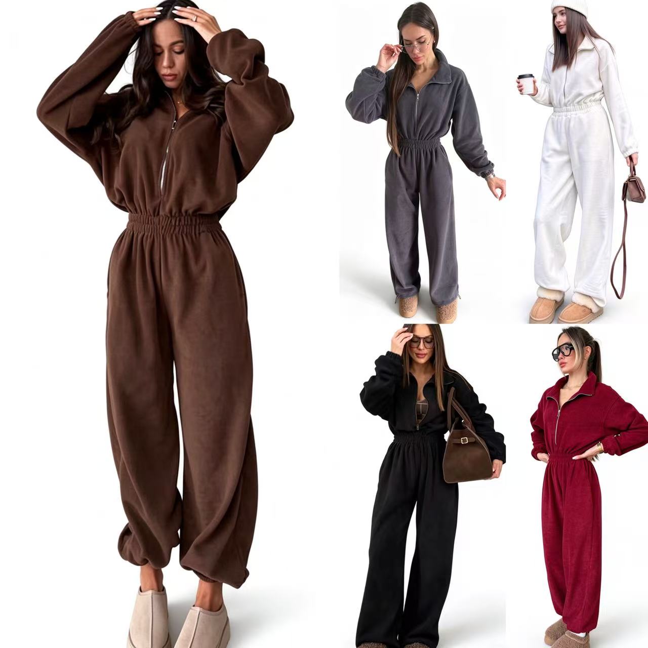 Designer Jumpsuits Women's Half Zip Collar Romper Outfit Suits Elastic Waist Long Sleeve Loose Pant Jumpsuit Ladies Soft Fleece Casual Clothes