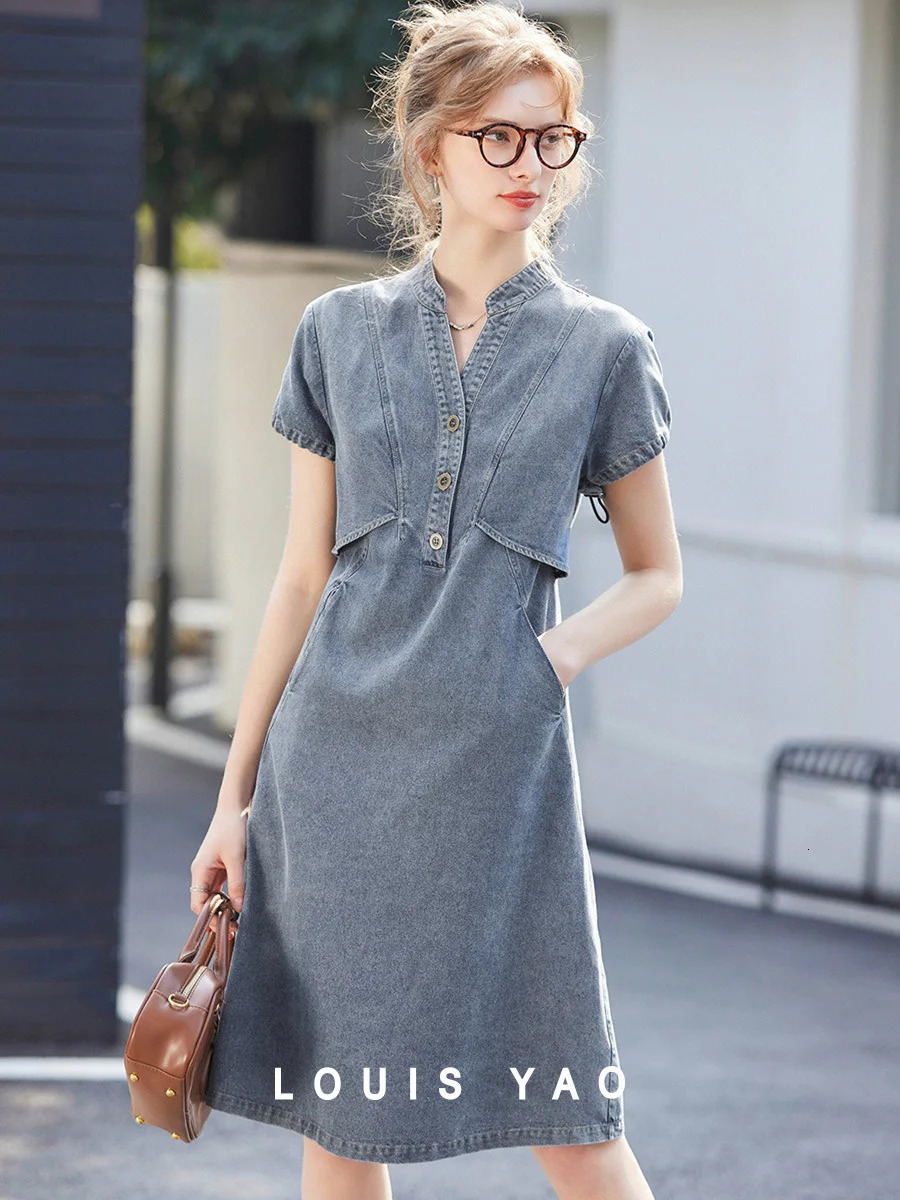 LOUIS YAO 2025 Summer Short Sleeved Adjustable Cuffs Denim Skirt Vneck Aline Double Pocket Women's Dress 261015