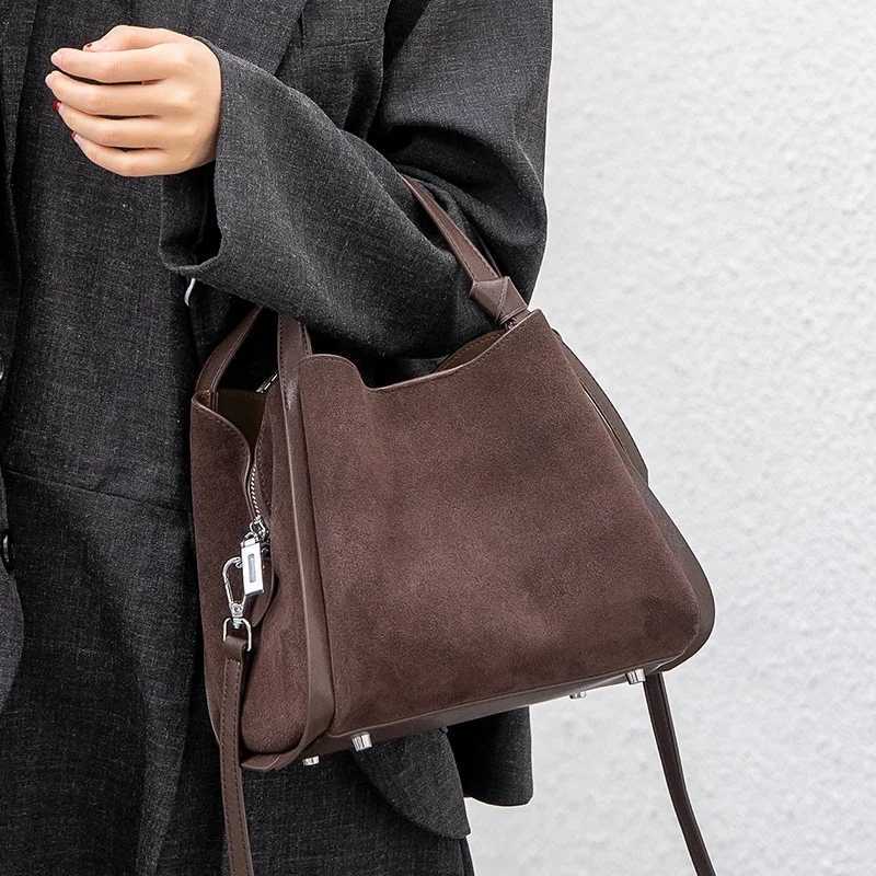 Evening Bags Totes Winter Women's Genuine Suede Cowhide Leather Bucket Shoulder Bag Natural Suede Leather Top Handle Crossbody Tote Handbag H26