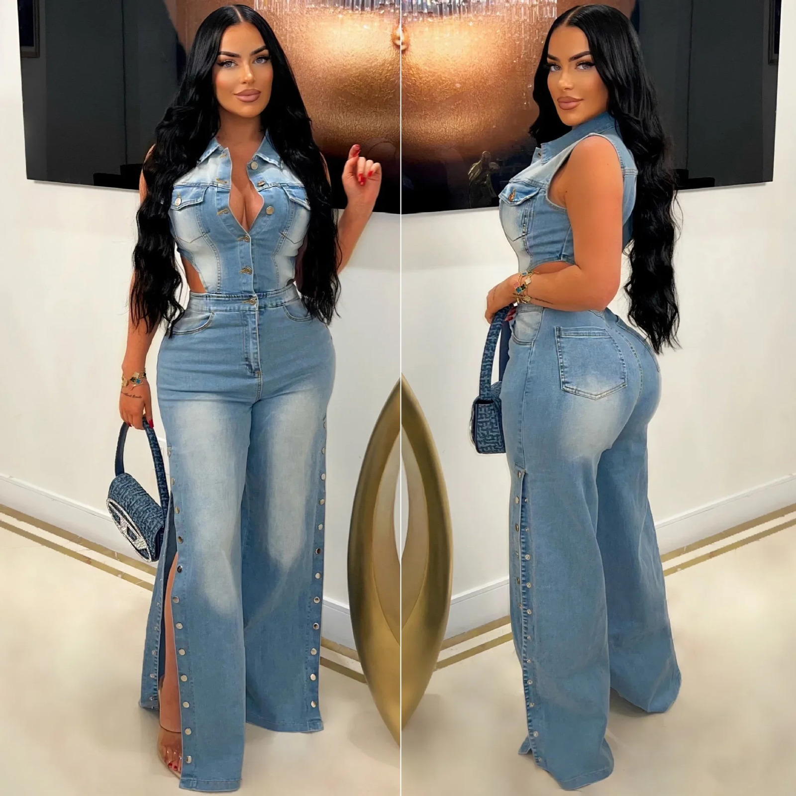 Jumpsuits Women Denim Pants One Piece Sleeveless Turn Down Collar Overalls Sheath Sexy Straight Long Pant Rompers Slim Fit 261015