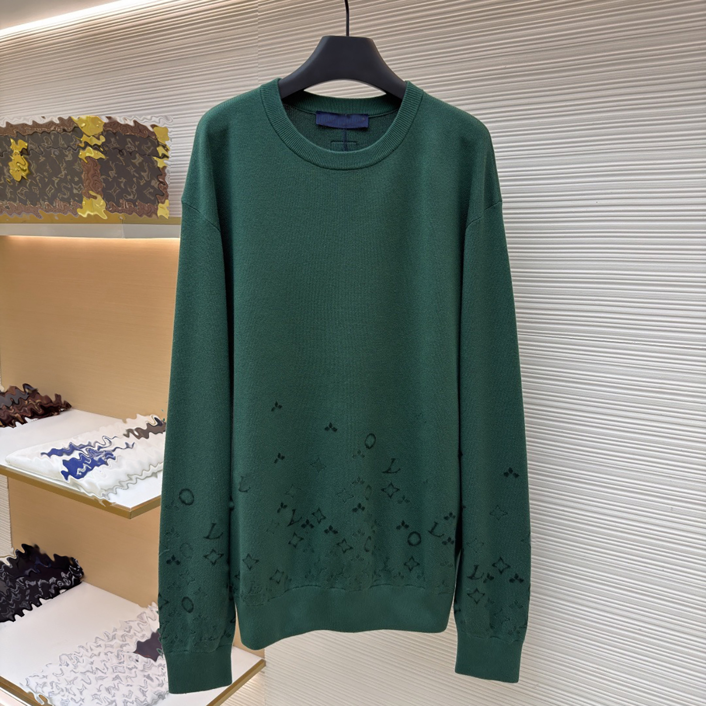 Designer brand clothing, high-quality men's dark green round neck knitted sweater, scattered jacquard hem, light luxury autumn and winter inter