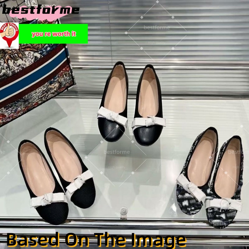 Designer Women Shoes Black French Letter Bow Ribbon Classical Ballet Slippers Ballet Flats Slip Round Toe Ballerina Dress Shoes Flat Shallow Versati