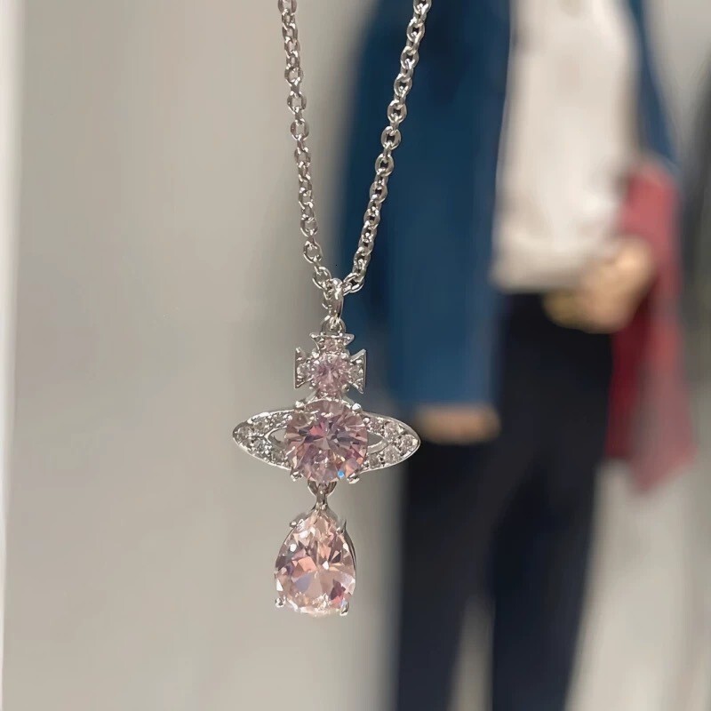 necklace Xijia's new Saturn Mermaid Tears pink water drop zircon necklace and lucky planet minimalist niche earrings for women