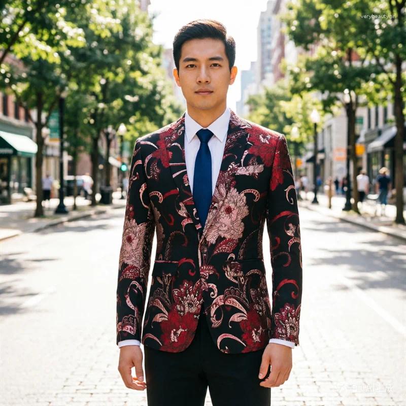 Men's Red Jacquard Casual Suit Jacket Wedding Green Slim Fit Sports European Clothing XXXS-XXL.