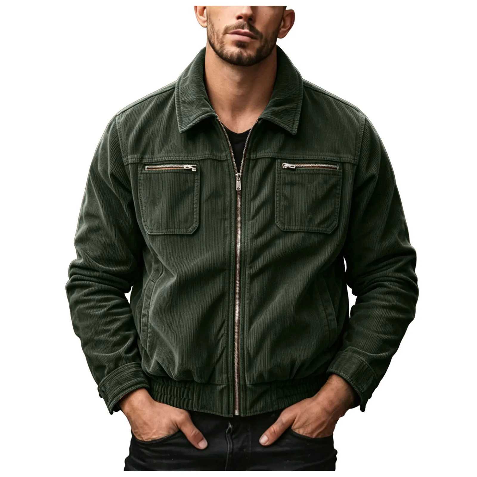 Men Autumn Winter Barn Style Coat Corduroy Lapel Multi Pocket Zipper Workwear Jacket Long Sve Casual Daily Outerwear Top S261017P9VF