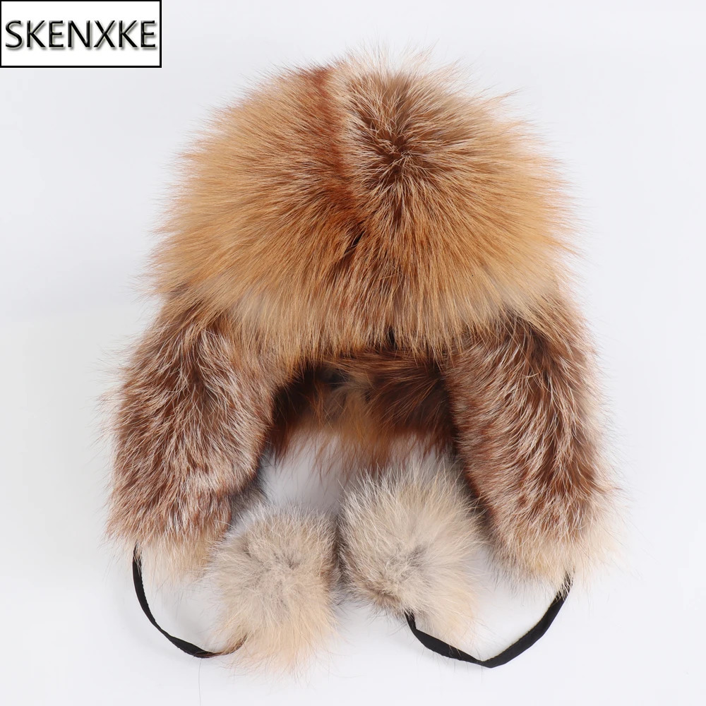 On Sale 100% Fox Fur Women's Russian Ushanka Trapper Snow Skiing Hats Caps Earflap Winter Ladies Fox Fur Biker Hat 261008