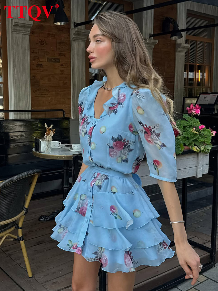 Fashion Loose Print Women's 2026 Summer V-Neck Short Sleeve Mini Dresses Lady Elegant Classic Pleated Dress Female