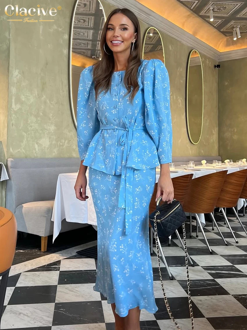 Clacive Fashion Loose Print Women Two Pieces Set Elegant Long Sleeve Shirt With High Waist Long Skirt Set Female Streetwear 261016