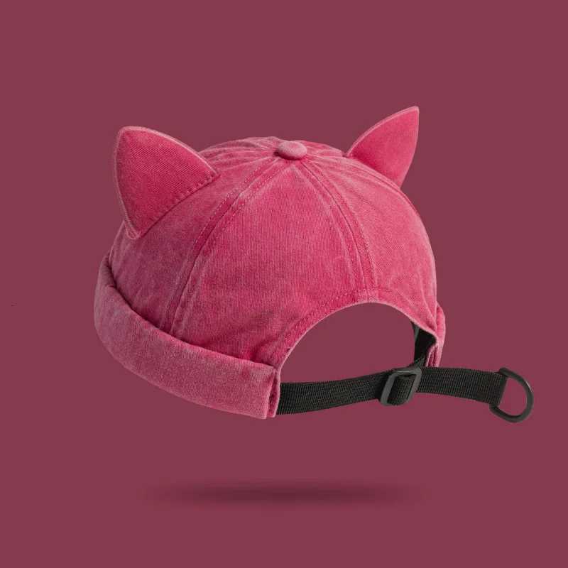 Beanie/Skull Caps Spring Cute Cat Ears Brimless Hat Casual Solid Color Adjustable Cat Ear Beanie Hat Soft Breathable Washed Old Unisex Beanie CapT26