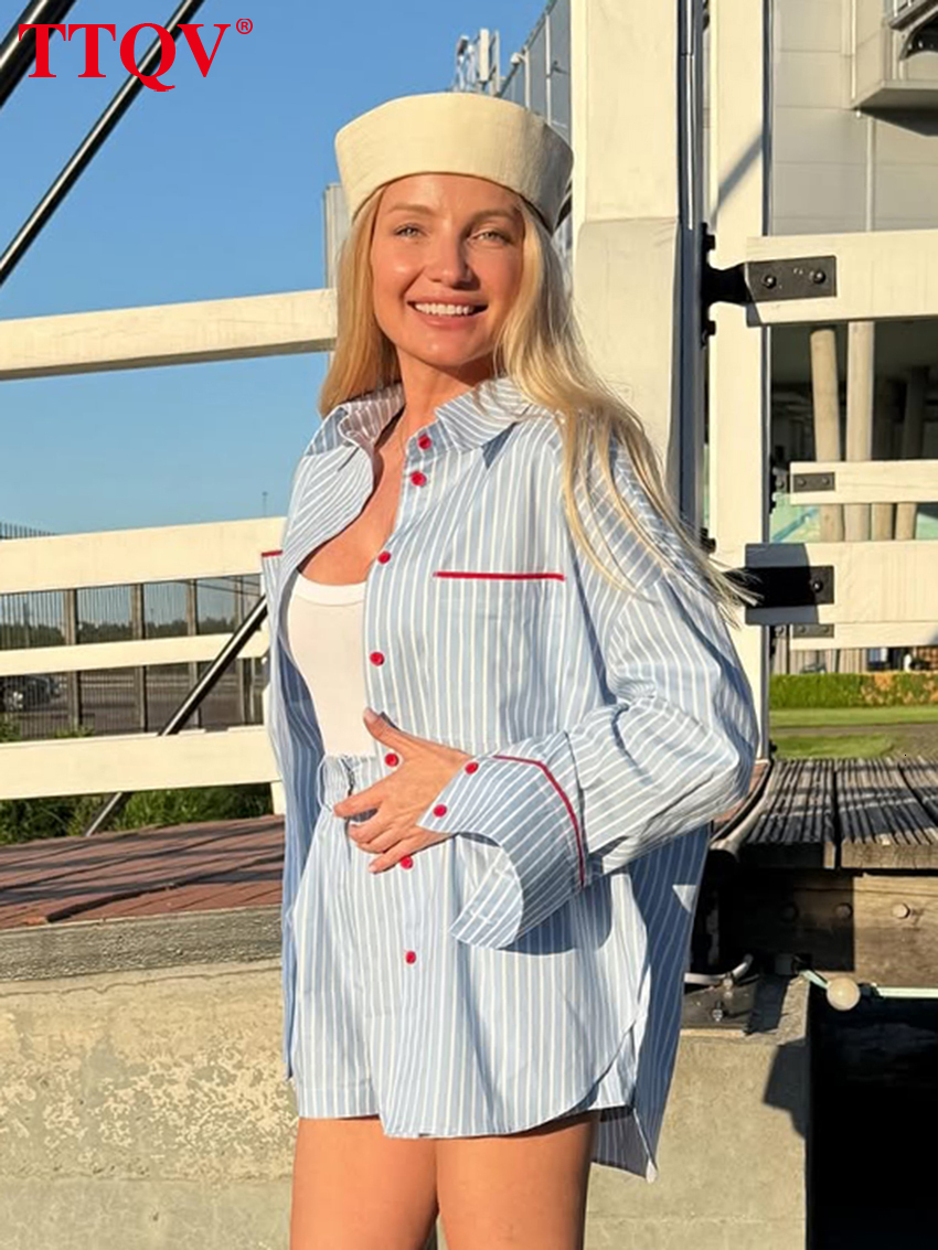 2026 Spring Loose Stripe Print Women's 2-Piece 2027 Fashion Long Sleeve Blouse With High Waist Shorts Set Female Clothing